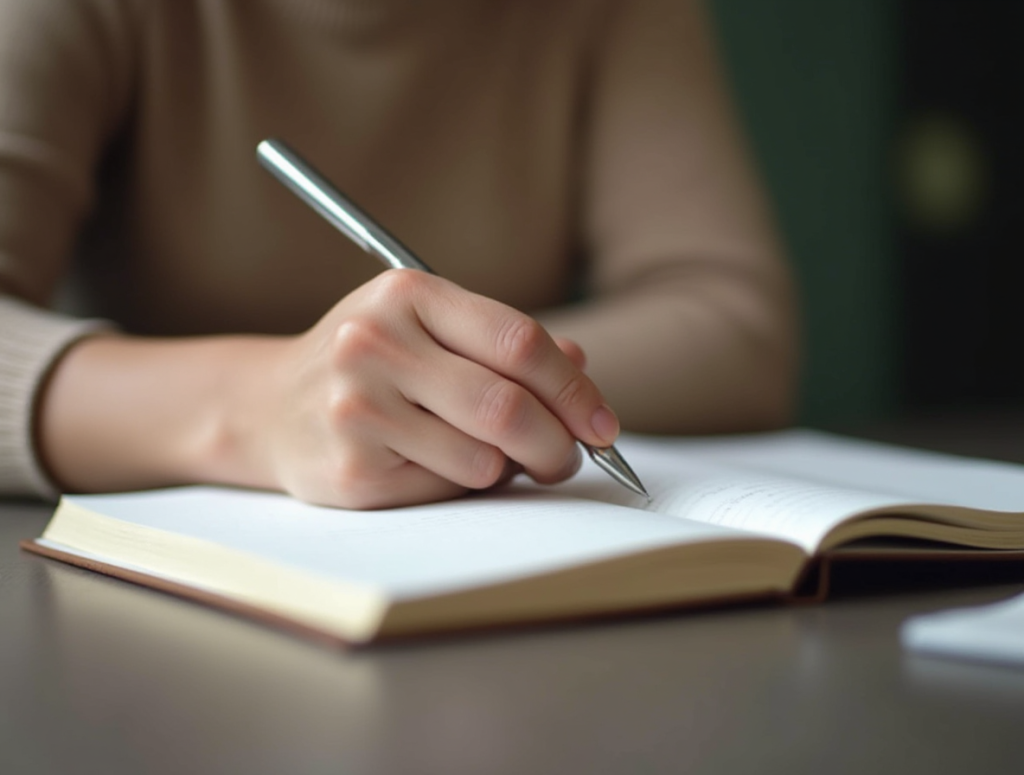 create_a_picture_where_a_person_writes_in_a_notebook_in_the_picture_there_is_a_hand_with_a_pen_and__wwcyyasax4u2mx6mde1e_1.png
